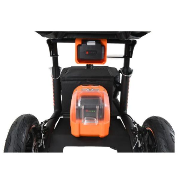 Close-up of a black and orange electric scooter with visible branding on a white background