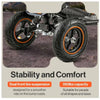 Close-up of a Superhandy Explorer Heavy-Duty Mobility Scooter&#39;s front wheels with text highlighting stability and comfort features.