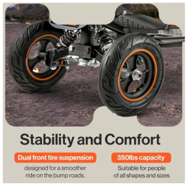 Close-up of a Superhandy Explorer Heavy-Duty Mobility Scooter's front wheels with text highlighting stability and comfort features.