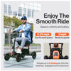 Person riding a Superhandy Explorer Heavy-Duty Mobility Scooter with product features highlighted on a city street background