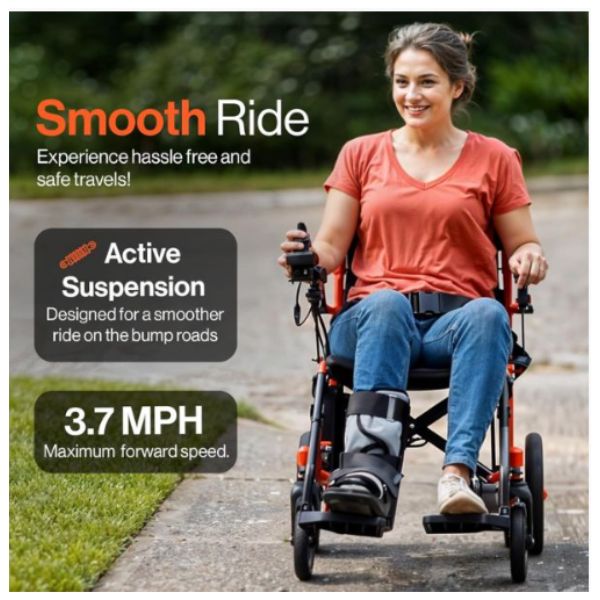 Superhandy GoRide Folding Electric Wheelchair with a Woman Riding on it