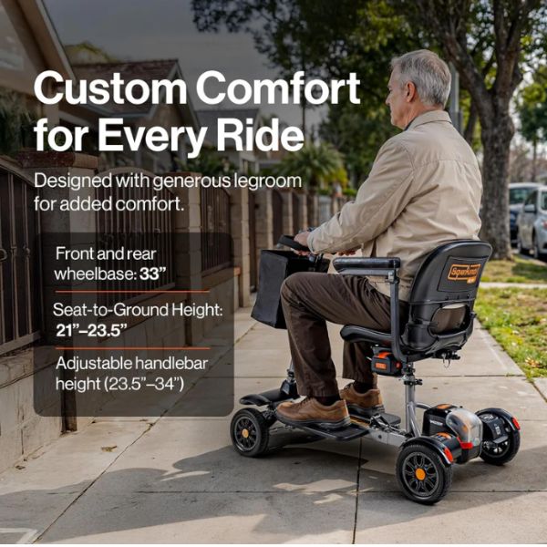 Man using a Superhandy Passport Flex 4-Wheel Folding Mobility Scooter with text highlighting features on a sidewalk.