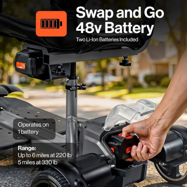 Superhandy Passport Flex 4-Wheel Folding Mobility Scooter with 'Swap and Go 48v Battery' feature, showing a hand swapping a battery.