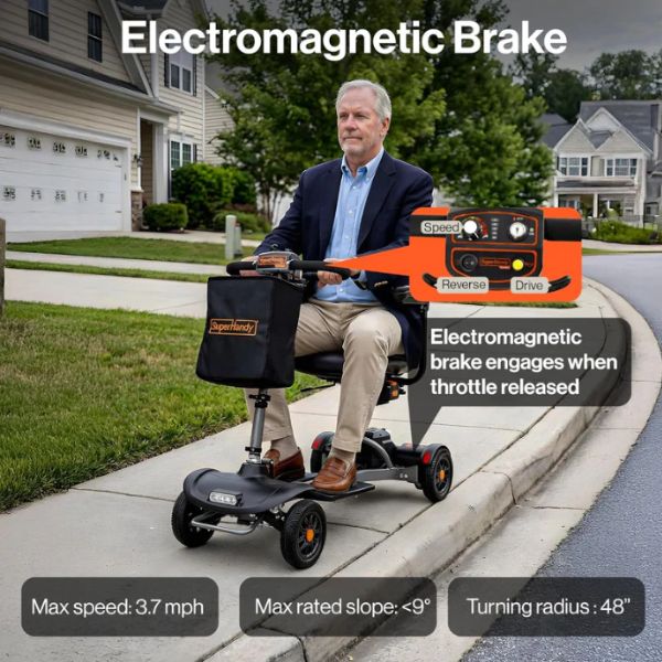 Man riding a Superhandy Passport Flex 4-Wheel Folding Mobility Scooter with an electromagnetic brake system on a sidewalk.