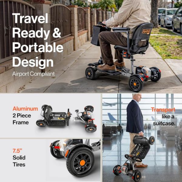 Superhandy Passport Flex 4-Wheel Folding Mobility Scooter with text highlighting features and airport compliance.