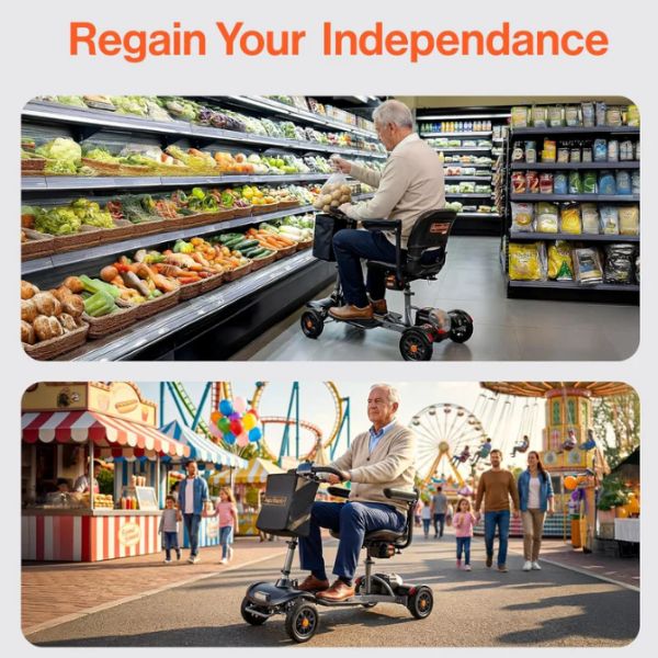 Man using a Superhandy Passport Flex 4-Wheel Folding Mobility Scooter in a grocery store and at an amusement park with text 'Regain Your Independence'.