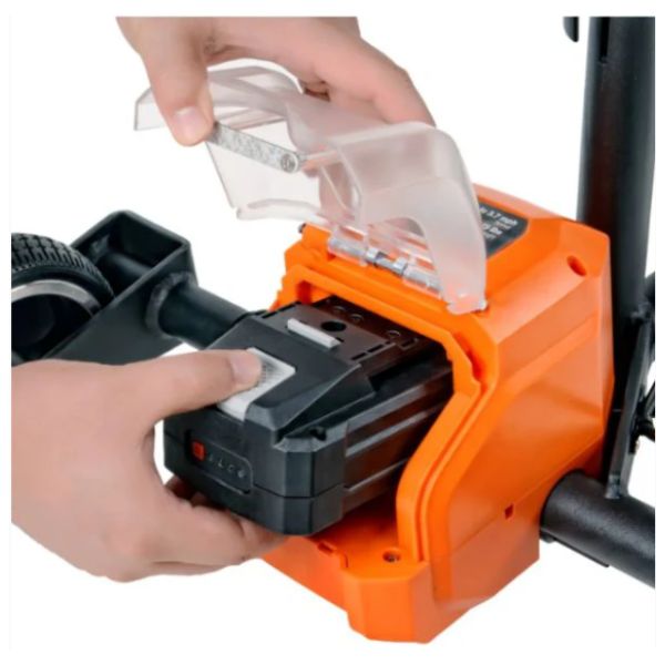 Superhandy Passport Lightweight Folding Mobility Scooter with a Hand Inserting the Battery