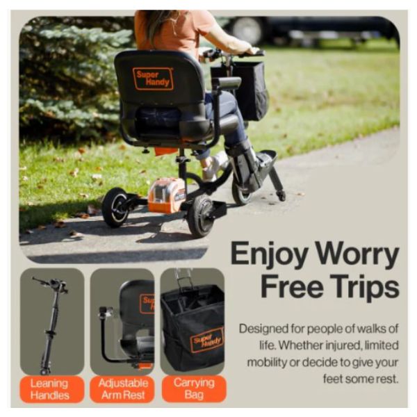 Superhandy Passport Plus Folding Mobility Scooter with a Woman Riding on it