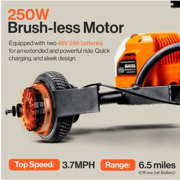 SuperHandy Passport Pro Folding Mobility Scooter with brushless motor and battery information on a gray background