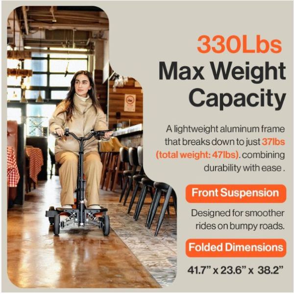 Person riding a SuperHandy Passport Pro Folding Mobility Scooter in a restaurant setting with promotional text about weight capacity and features.