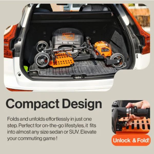 Compact design SuperHandy Passport Pro Folding Mobility Scooter in a car trunk with text highlighting its features.