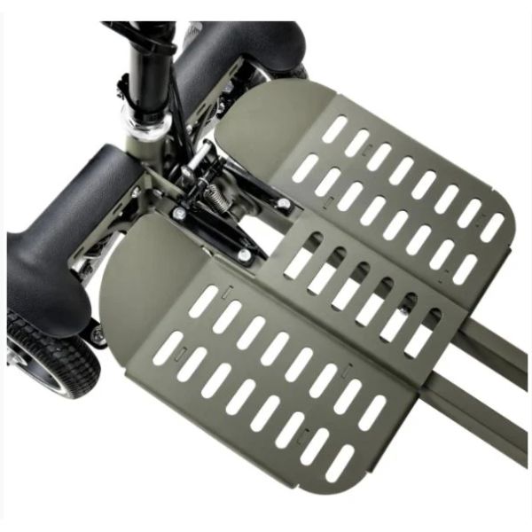 Close-up of a green metal footrest on a scooter with a white background