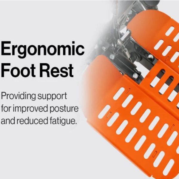 Ergonomic foot rest with text on a white background