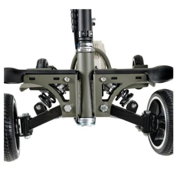 Close-up of a SuperHandy Passport Pro Folding Mobility Scooter device with wheels on a white background