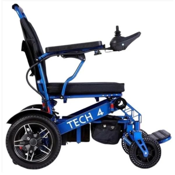 Tech 4 Remote Control Folding Power Wheelchair in Blue Right Side View