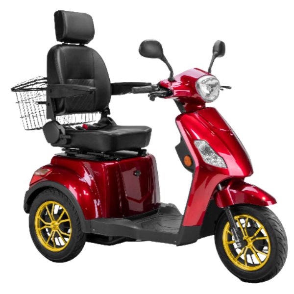 Bespoke Legacy 3 Wheel Mobility Scooter in Red with Black Seat and Gold Wheel Rim