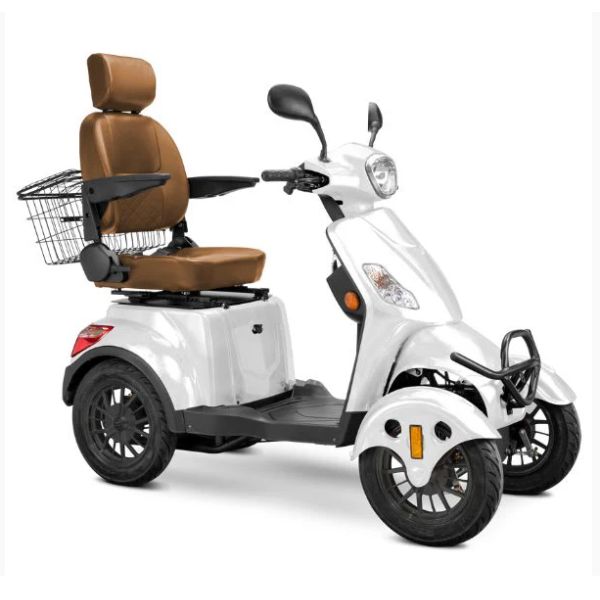 Bespoke Prestige Mobility Scooter in White with Brown Seat and Black Wheel Rims