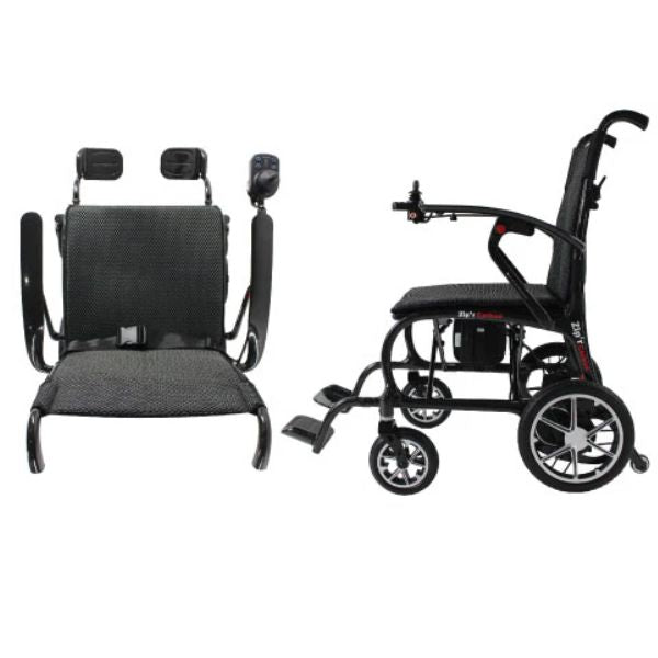 Zipr Carbon Fiber Power Wheelchair Showing the Seat and the Left Side View