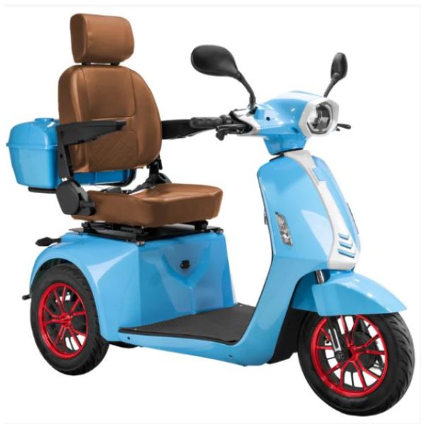 Bespoke Elite 3-wheel Heavy Duty Scooter in Blue with Brown Seat and Red Rim Wheel