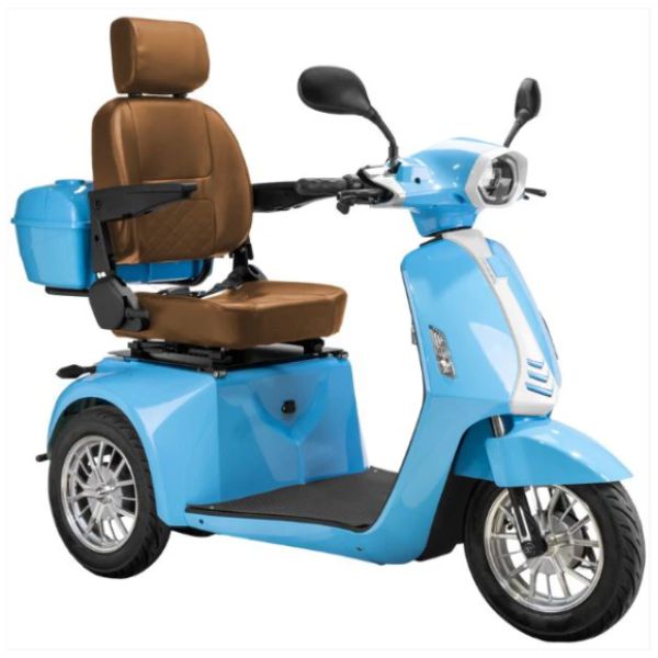 Bespoke Elite 3-wheel Heavy Duty Scooter in Blue with Brown Seat and Chrome Rim Wheel