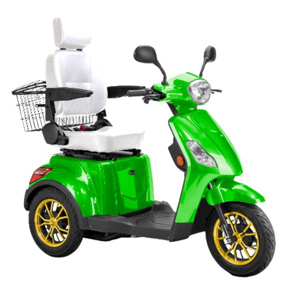 Bespoke Legacy 3-Wheel Mobility Scooter in Green with White Seat and Gold Wheel Rim