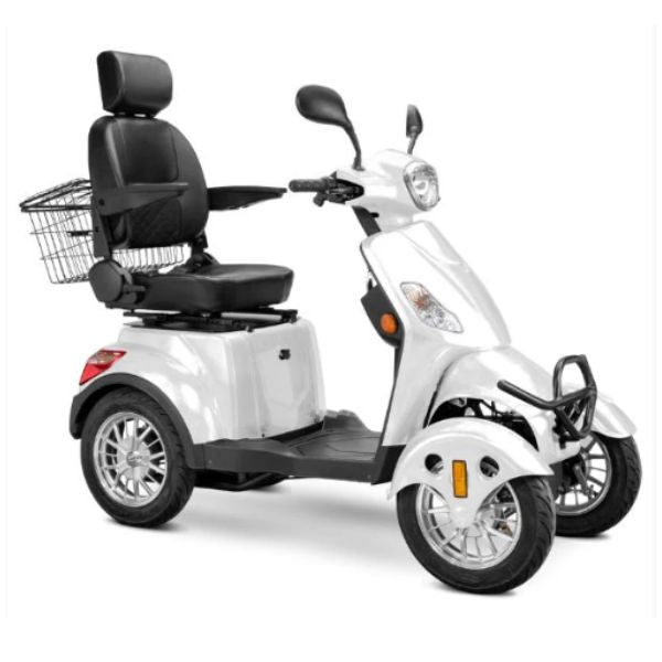 Bespoke Prestige Mobility Scooter in White with Black Seat and Chrome Wheel Rim