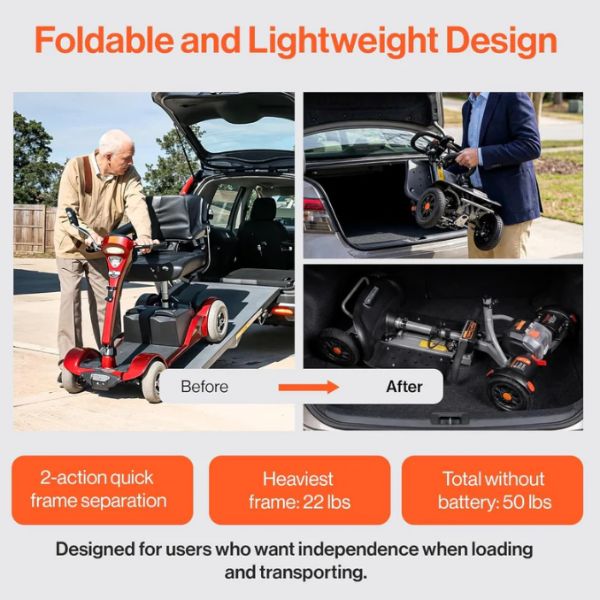 Foldable Superhandy Passport Flex 4-Wheel Folding Mobility Scooter being loaded into a car trunk with text highlighting features.