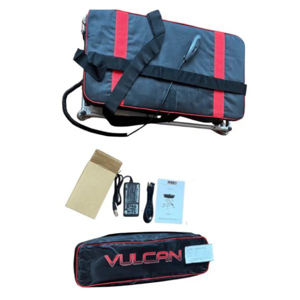 Blue and red bag with accessories on a white background