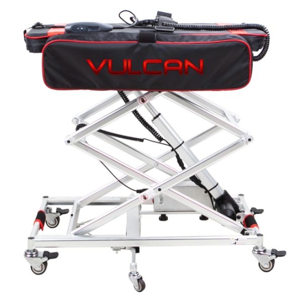 Vulcan lift table with a black carrying case on a white background