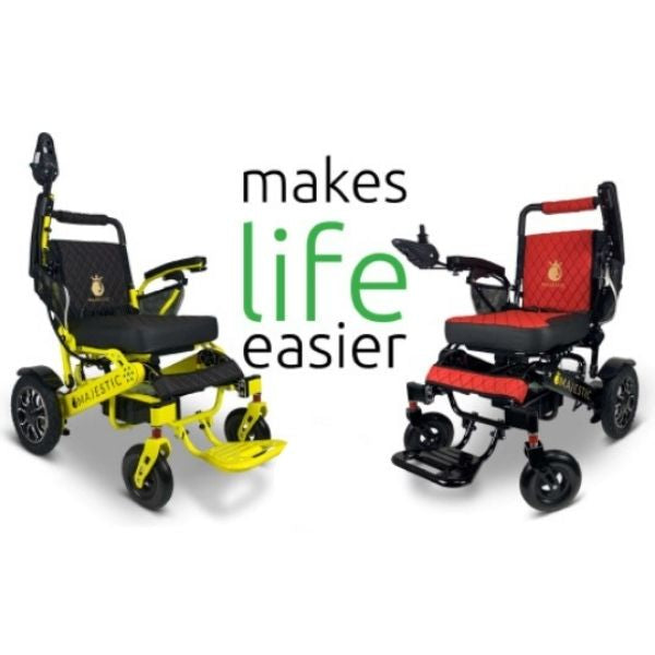 ComfyGo IQ-7000 Remote Control Folding Electric Wheelchair Yello and Red Front Side View
