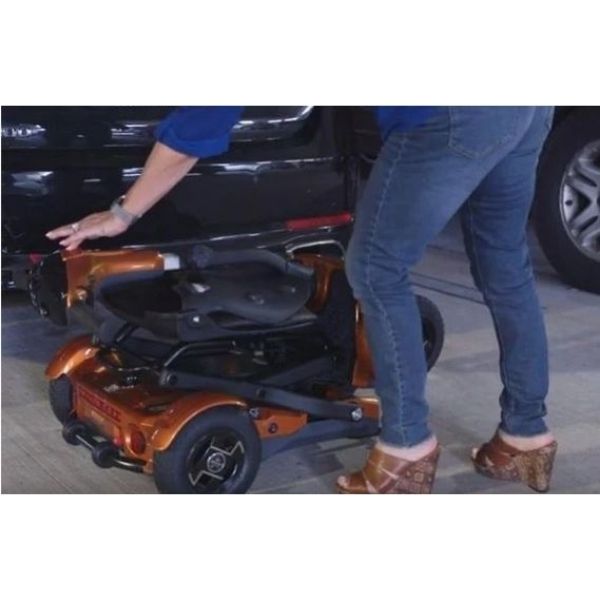 EV Rider Teqno S26 Auto Folding Mobility Scooter Orange Folded with Customer Review View