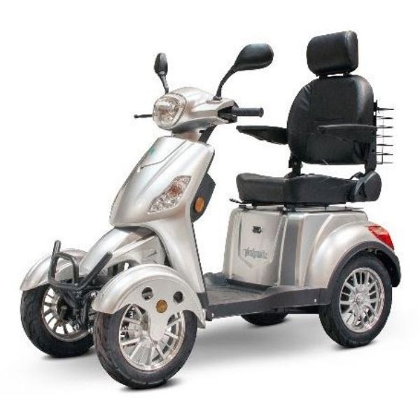 Image of a silver electric 4-wheel scooter from EWheels, a mobility products company. The scooter is designed for everlasting mobility and features a sleek and modern design.