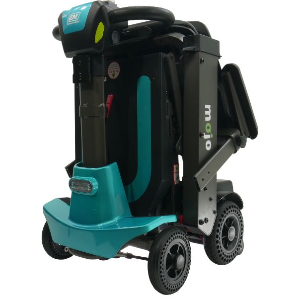 Enhance Mobility MOJO Automatic Folding Scooter Aqua Folded  Left Side View