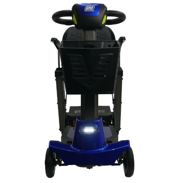 Enhance Mobility MOJO Automatic Folding Scooter Blue Unfolded Headlight View