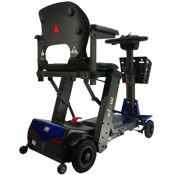 Enhance Mobility MOJO Automatic Folding Scooter Blue Unfolded Side Back  View