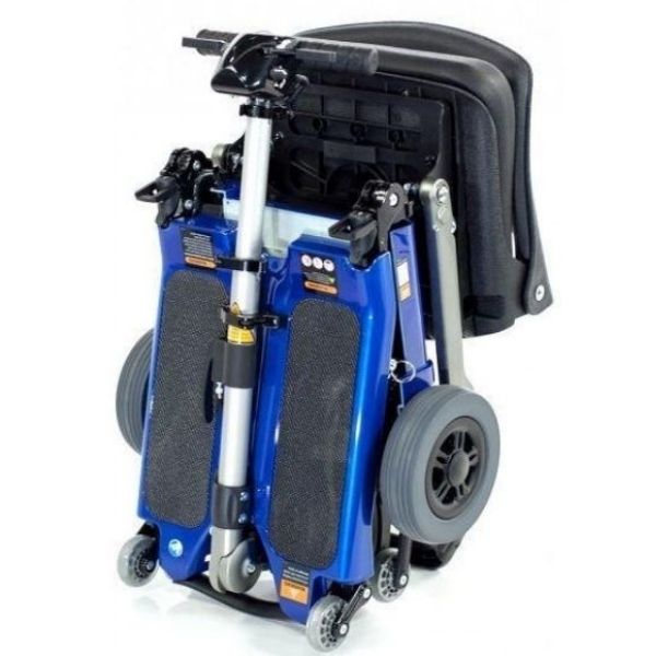 Image of a blue FreeRider USA Luggie Standard 4-Wheel Foldable Travel Scooter, folded and ready for transportation.