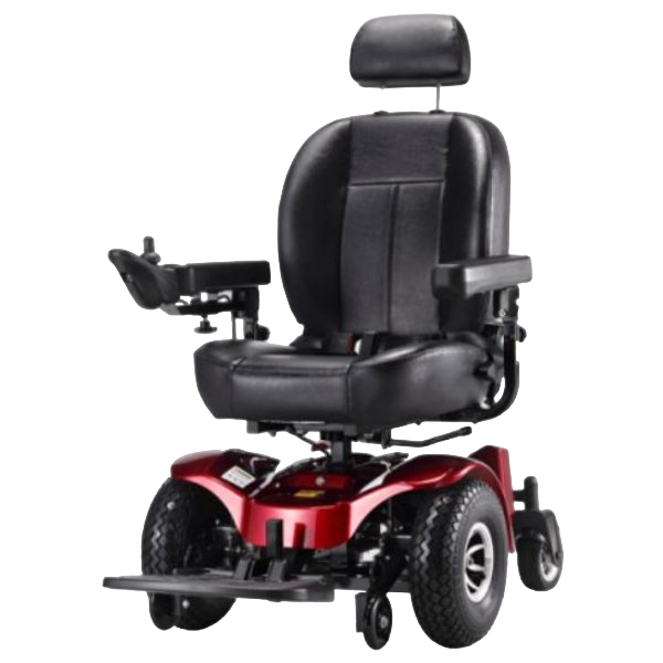 A front view of the Freerider USA Apollo II Power Wheelchair, a sleek and modern mobility device designed for comfort and convenience.