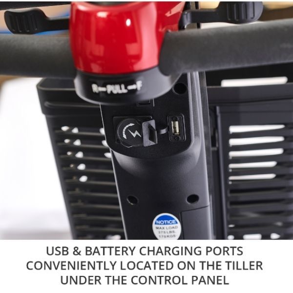Golden Technologies Buzzaround LX 4-Wheel USB Battery Charging Port Under Control Panel View&#39;&#39;