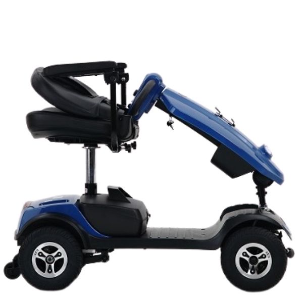 Image of a blue Patriot 4-Wheel Mobility Scooter in a semi-folded position, showcasing its sleek design and compactness.