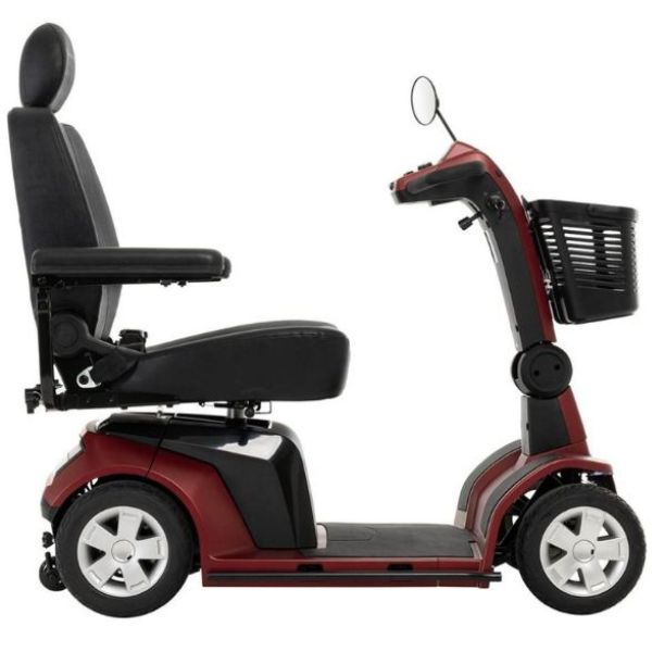 Image of a red Pride Maxima Heavy Duty 4-Wheel Scooter, viewed from the side.