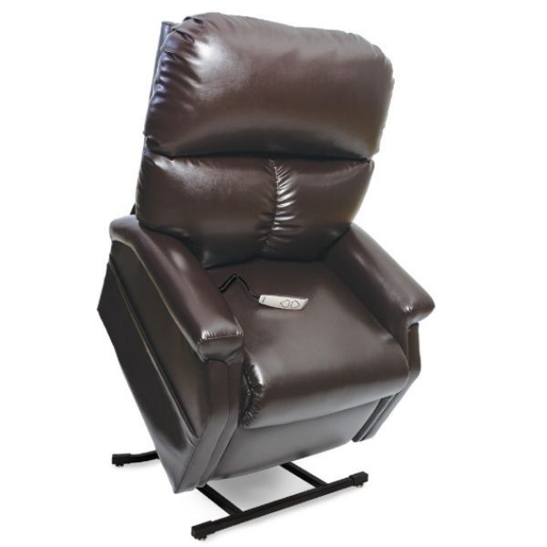Image of a Pride Mobility Essential Collection 3-Position Power Lift Chair in Lexis Sta-Kleen Chesnut color, shown in a standing position.