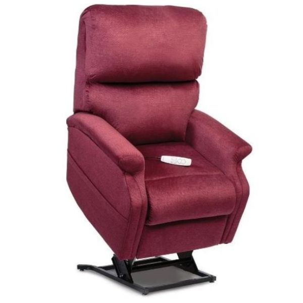 A black cherry-colored Pride Mobility Infinity Collection Zero Gravity LC-525i Lift Chair in a standing position, showcasing its sleek design and comfort.