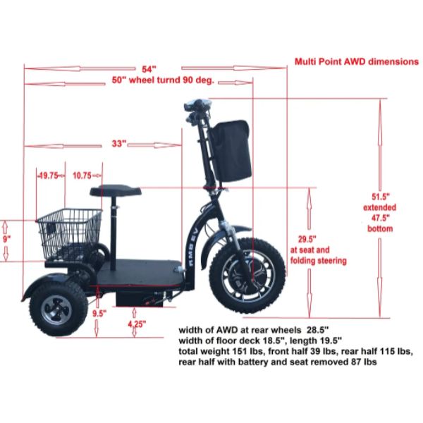 A rugged all-terrain mobility scooter, the RMB EV Multi-Point AWD Kodiak Scooter, is showcased in this image. The scooter features a sturdy frame, large wheels with thick treads, and a comfortable seat. It is designed to navigate various terrains, making it suitable for outdoor adventures.