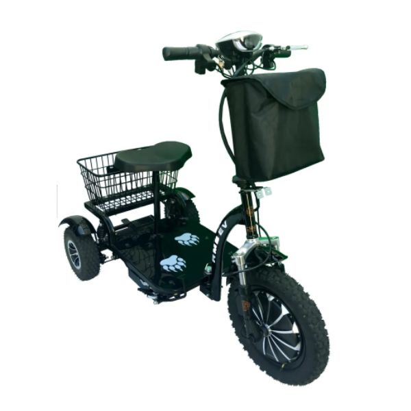 Image of a black all-terrain mobility scooter with a sturdy frame and large wheels, designed for outdoor use. The scooter features a comfortable seat, handlebars, and a front basket for storage.
