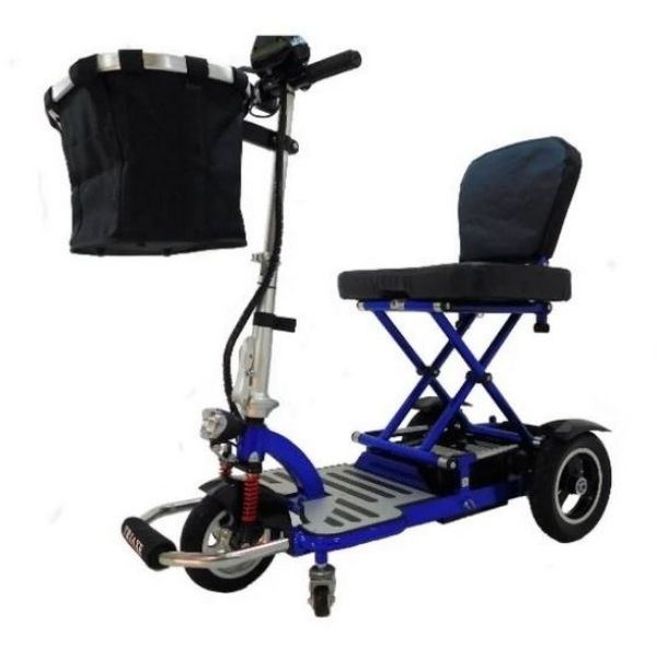 Triaxe Cruze Foldable Travel Mobility Scooter by Enhance Mobility Blue Side with Storage Basket View