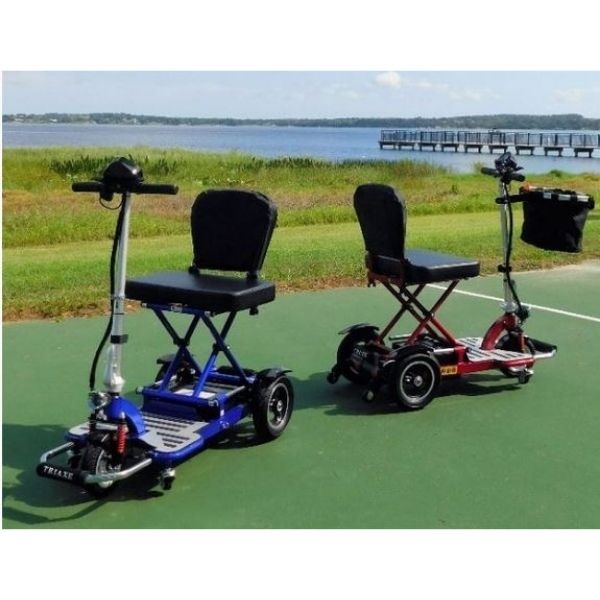 Triaxe Cruze Foldable Travel Mobility Scooter by Enhance Mobility Red and Blue Back To Back View