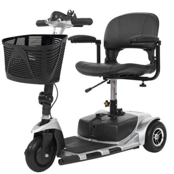 Vive Health 3 Wheel Travel Mobility Scooter Silver Front Left Side View