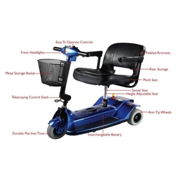 Image of a blue Zip r3 Travel Mobility Scooter, a compact and portable mobility device designed for easy transportation.