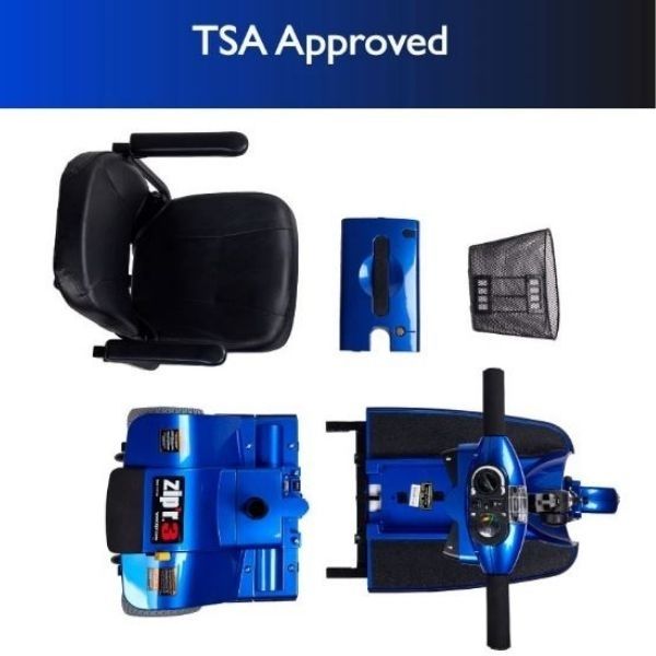 Zip&#39;r Xtra 3-Wheel Travel Mobility Scooter Blue Disassembled View