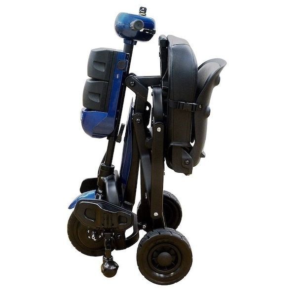 A blue foldable electric mobility scooter, compactly folded and ready for transportation or storage.